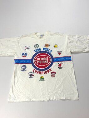 Vintage Detroit Pistons 1990 World Champs T Shirt White Sz L/XL NBA USA Cotton